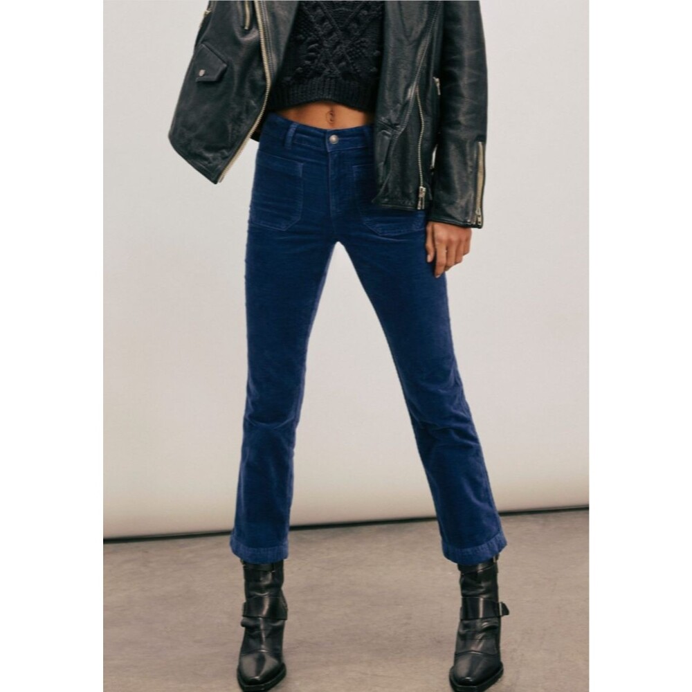 Free People High Time Velvet Kick Flare Cropped Pants 8 Navy Blue Y2K Boho New